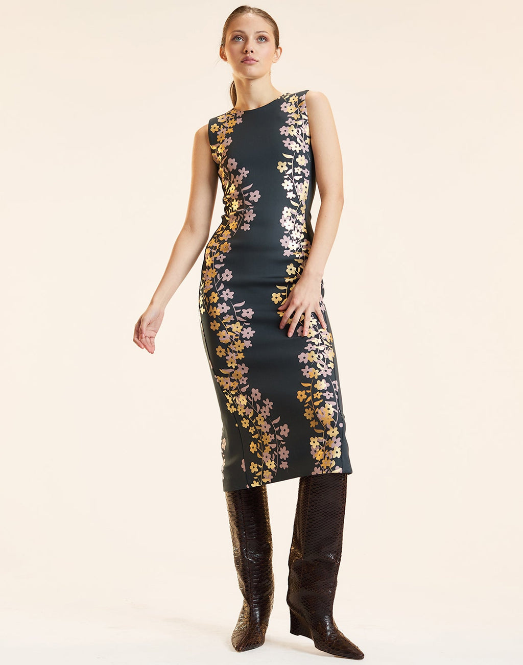 Cynthia Rowley Sleeveless Bonded Midi Dress - Black/Gold