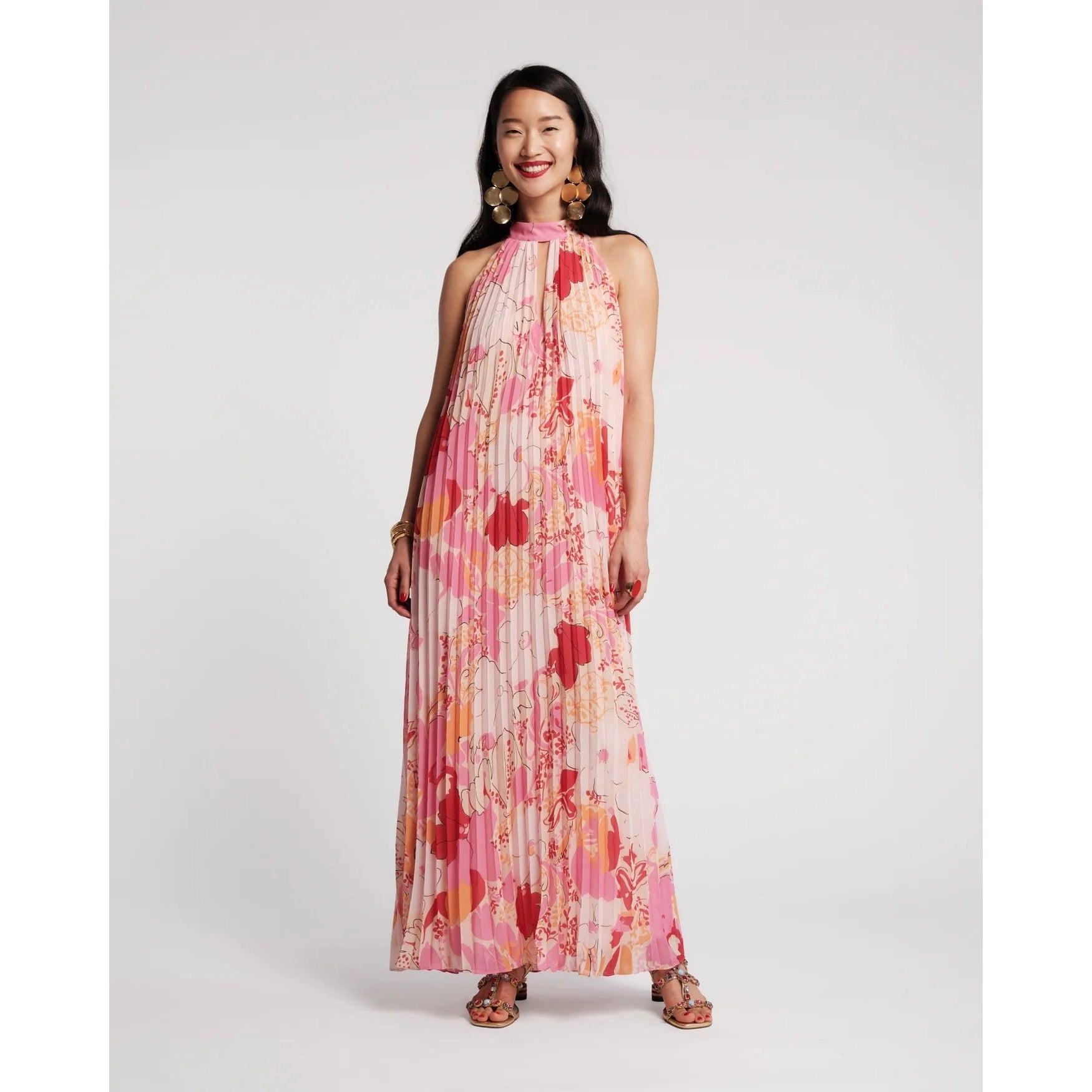 Frances Valentine Slim Pleated Maxi Dress Wild Tulip Poly - Pink/Multi