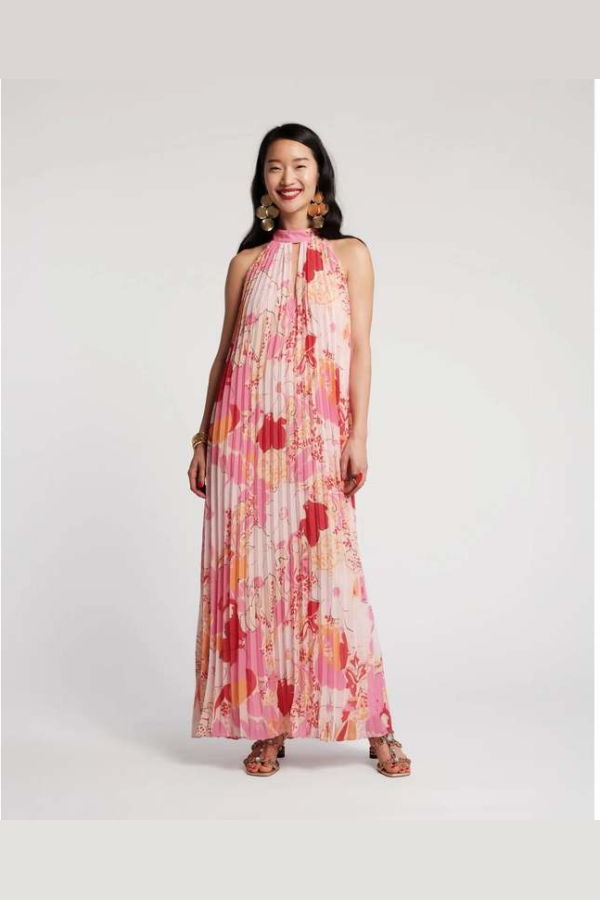 Frances Valentine Slim Pleated Maxi Dress Wild Tulip Poly - Pink/Multi