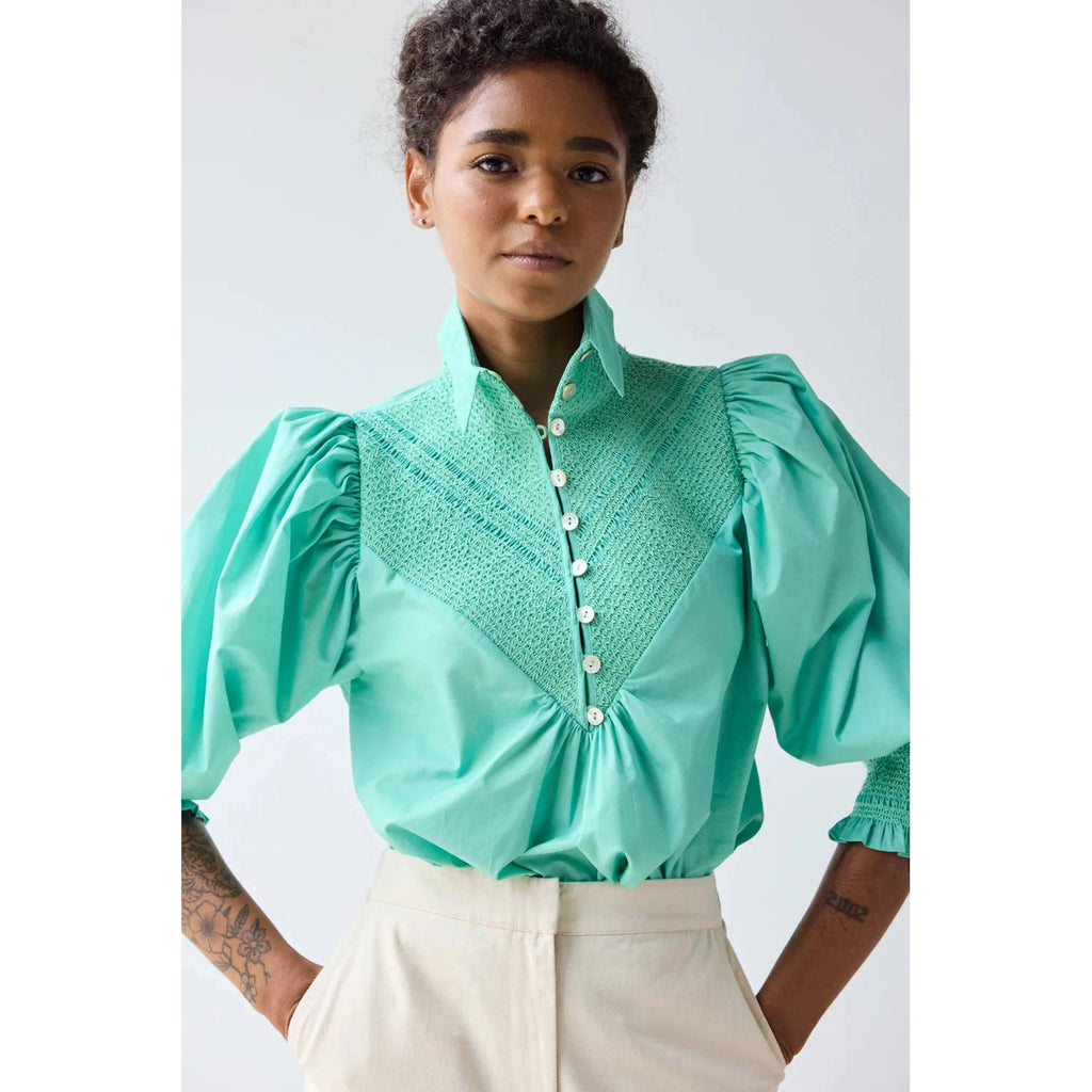 Hope for Flowers by Tracy Reece Smocked Shirt Top - Aqua Sky