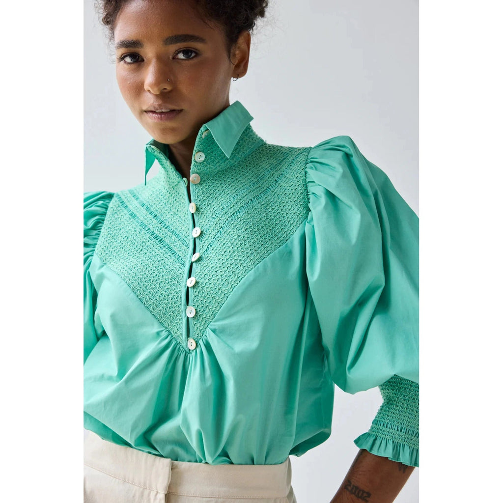 Hope for Flowers by Tracy Reece Smocked Shirt Top - Aqua Sky