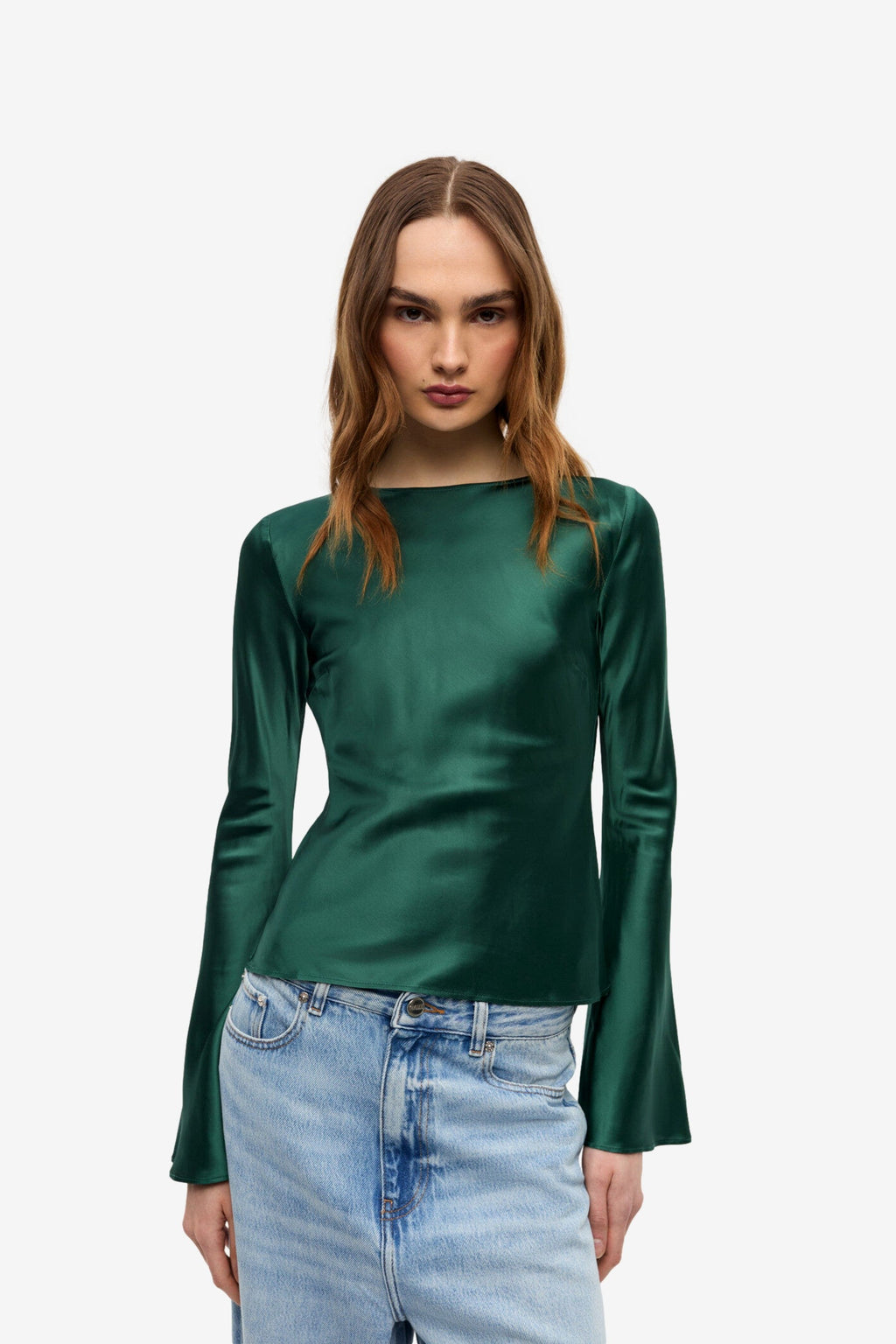 Ganni Solid Stretch Satin Long Sleeve Blouse