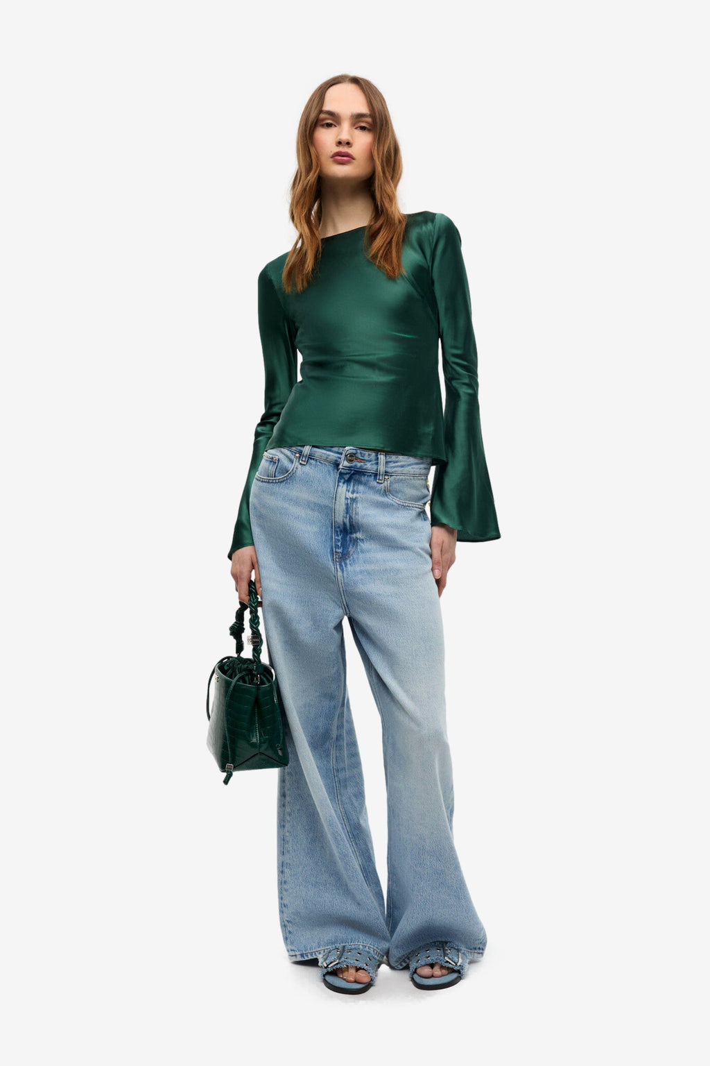 Ganni Solid Stretch Satin Long Sleeve Blouse