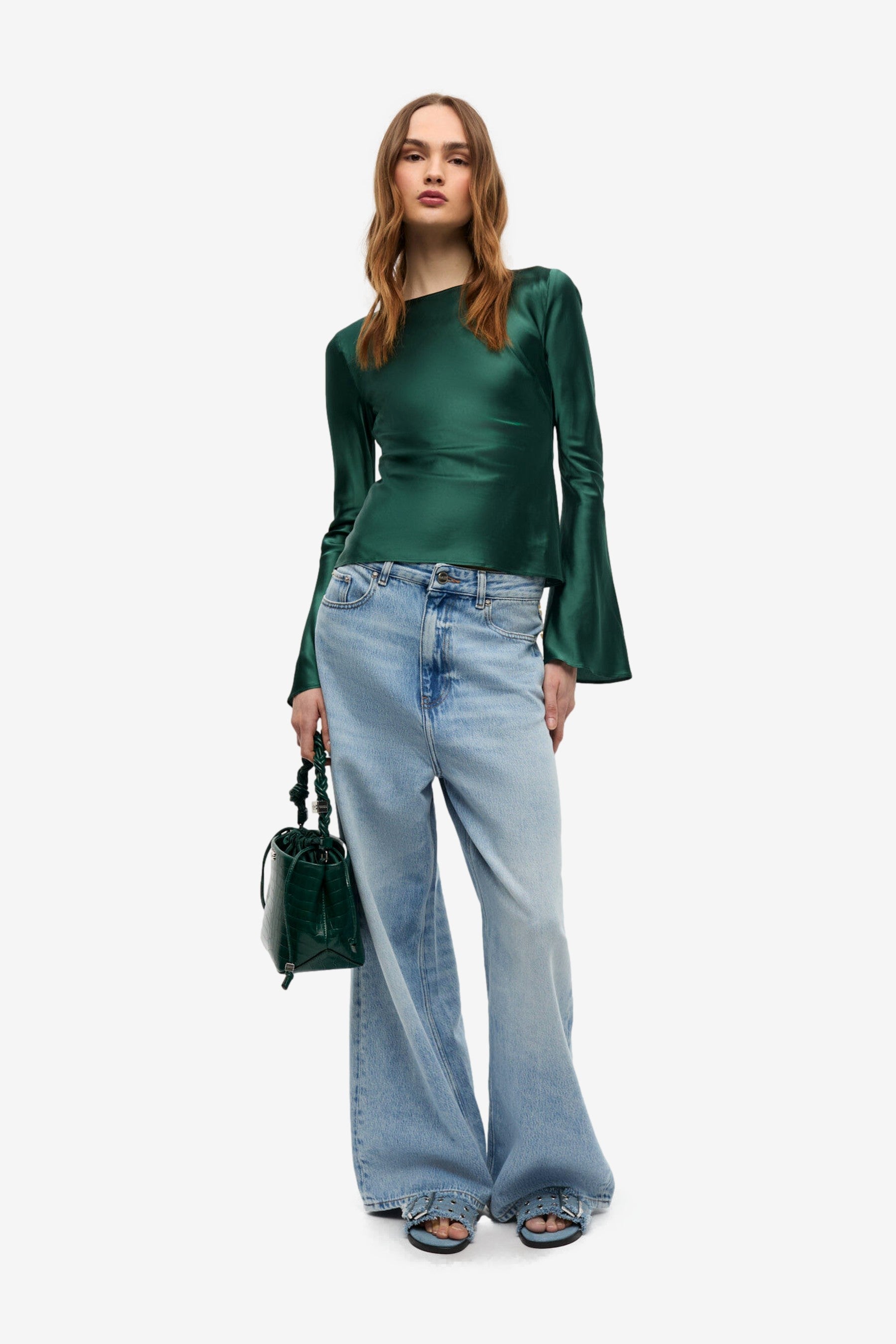 Ganni Solid Stretch Satin Long Sleeve Blouse