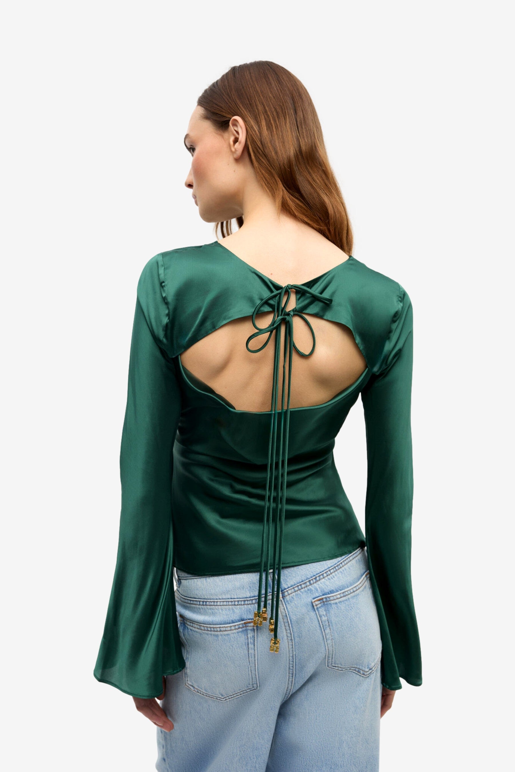 Ganni Solid Stretch Satin Long Sleeve Blouse