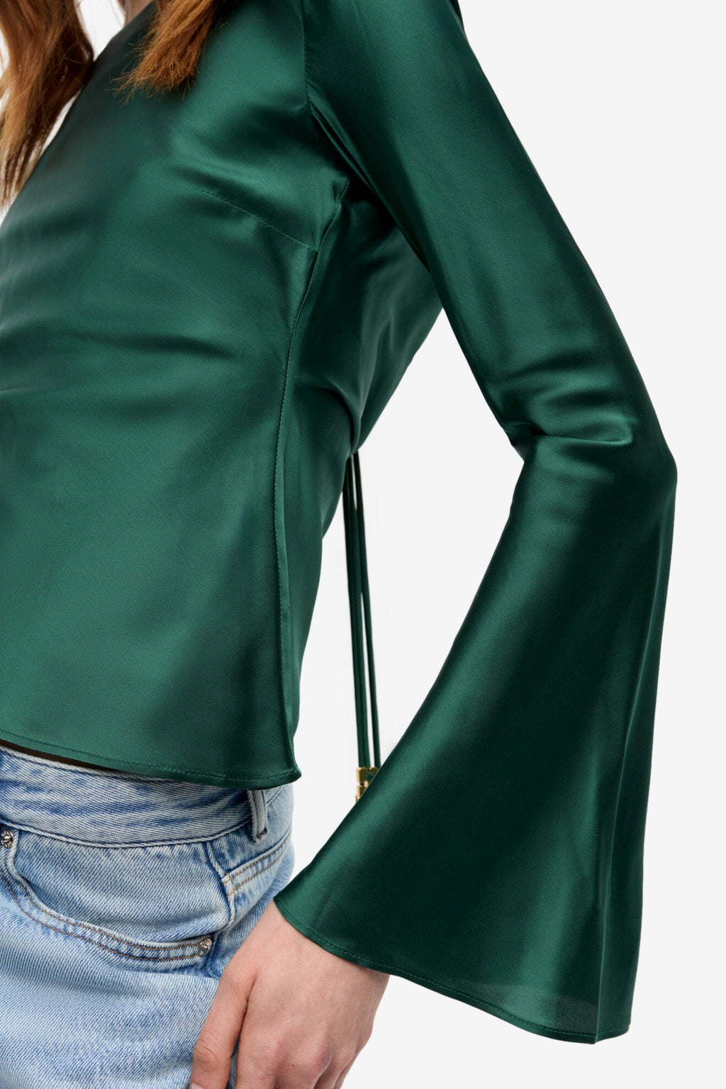 Ganni Solid Stretch Satin Long Sleeve Blouse