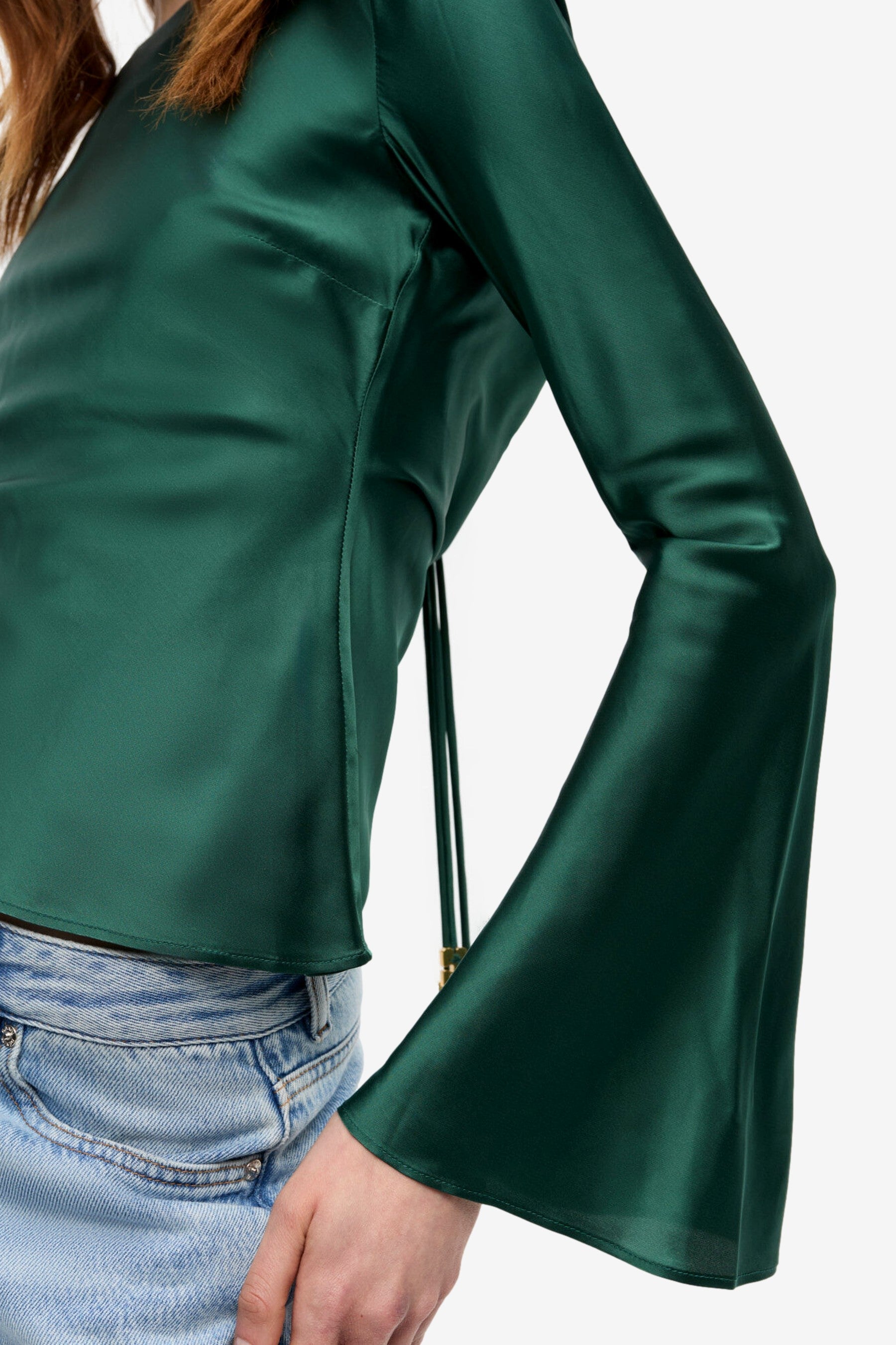 Ganni Solid Stretch Satin Long Sleeve Blouse