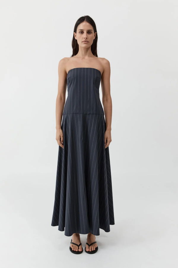 St. Agni Strapless Rouleau Dress - Ink Stripe
