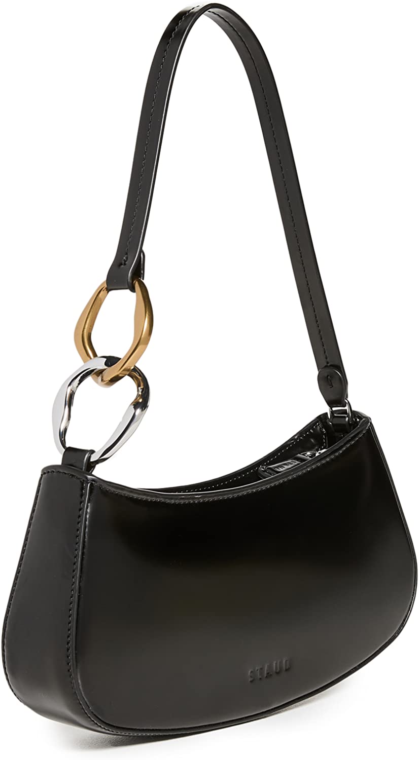 Staud Women Ollie Gold Silver Chain Accent Shoulder Leather Bag - Black