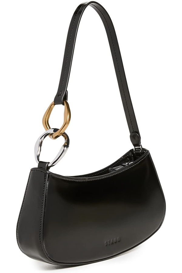 Staud Women Ollie Gold Silver Chain Accent Shoulder Leather Bag - Black 