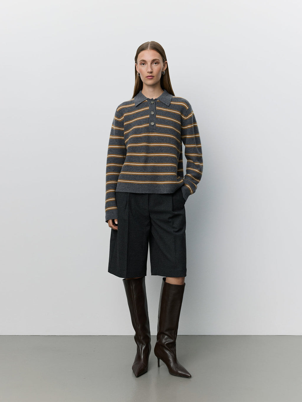 Sofie Schnoor Storm Striped Knit Polo - Dark Grey Melange