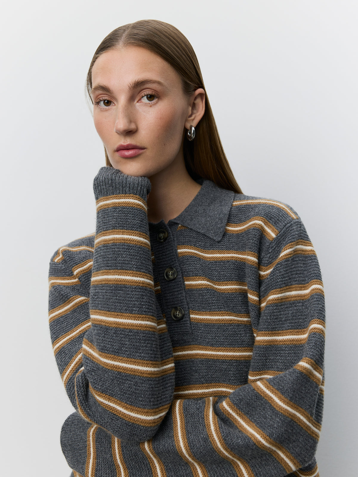Sofie Schnoor Storm Striped Knit Polo - Dark Grey Melange