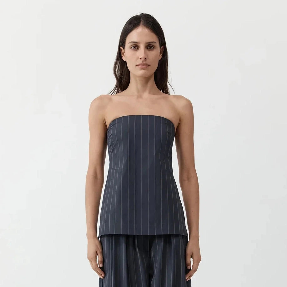 St. Agni Strapless Rouleau Tie Top - Ink Stripe