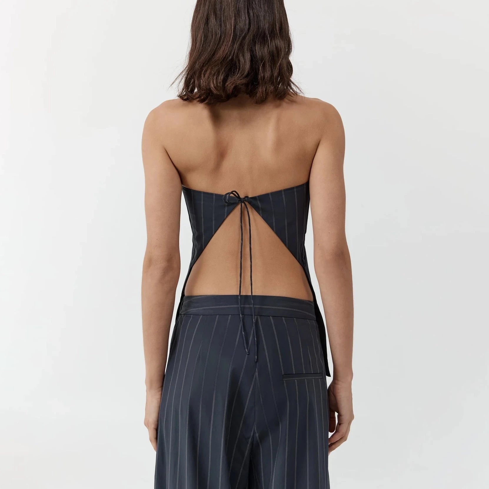 St. Agni Strapless Rouleau Tie Top - Ink Stripe