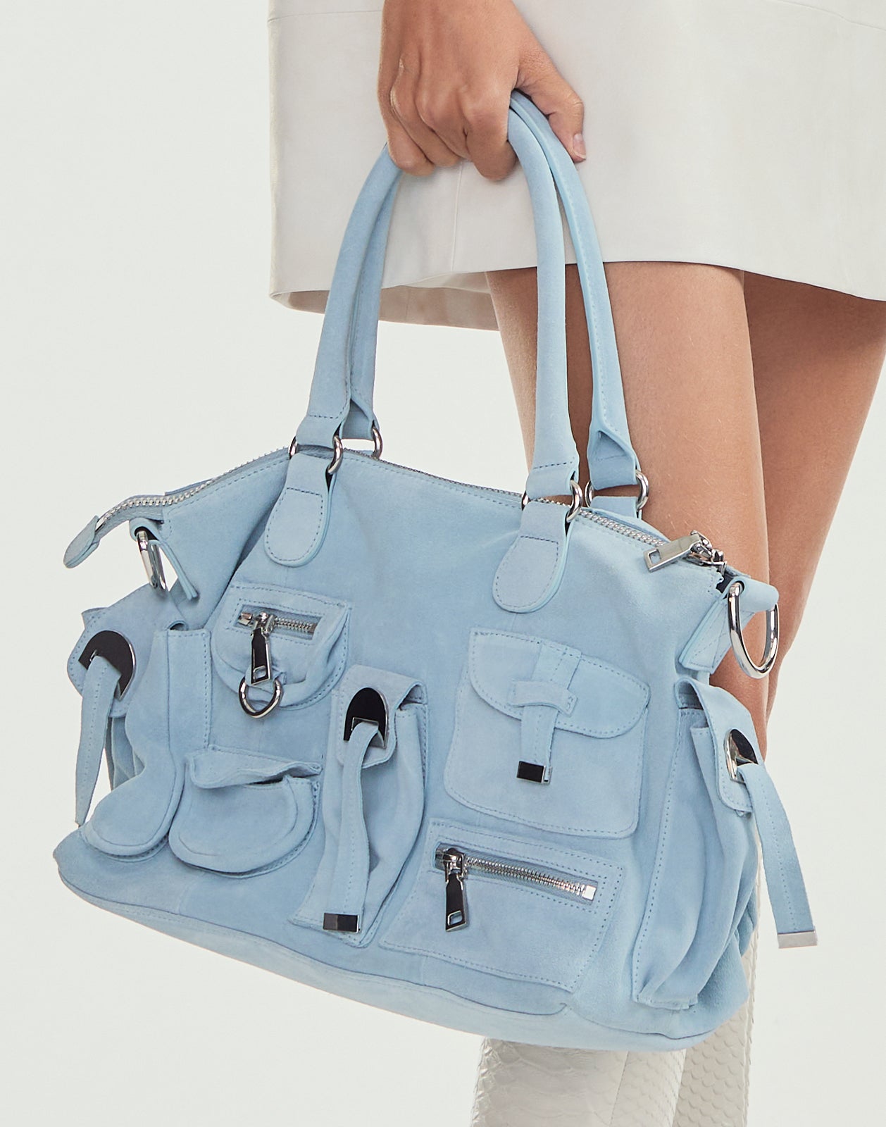 Cynthia Rowley Suede Cargo Pocket Shoulder Bag - Denim Blue