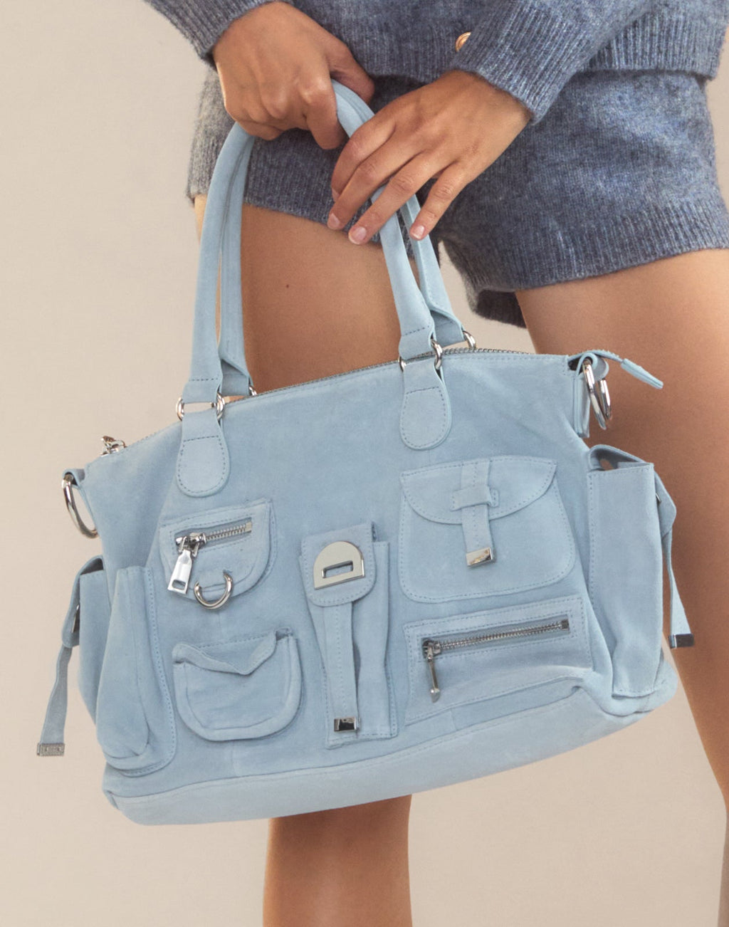 Cynthia Rowley Suede Cargo Pocket Shoulder Bag - Denim Blue