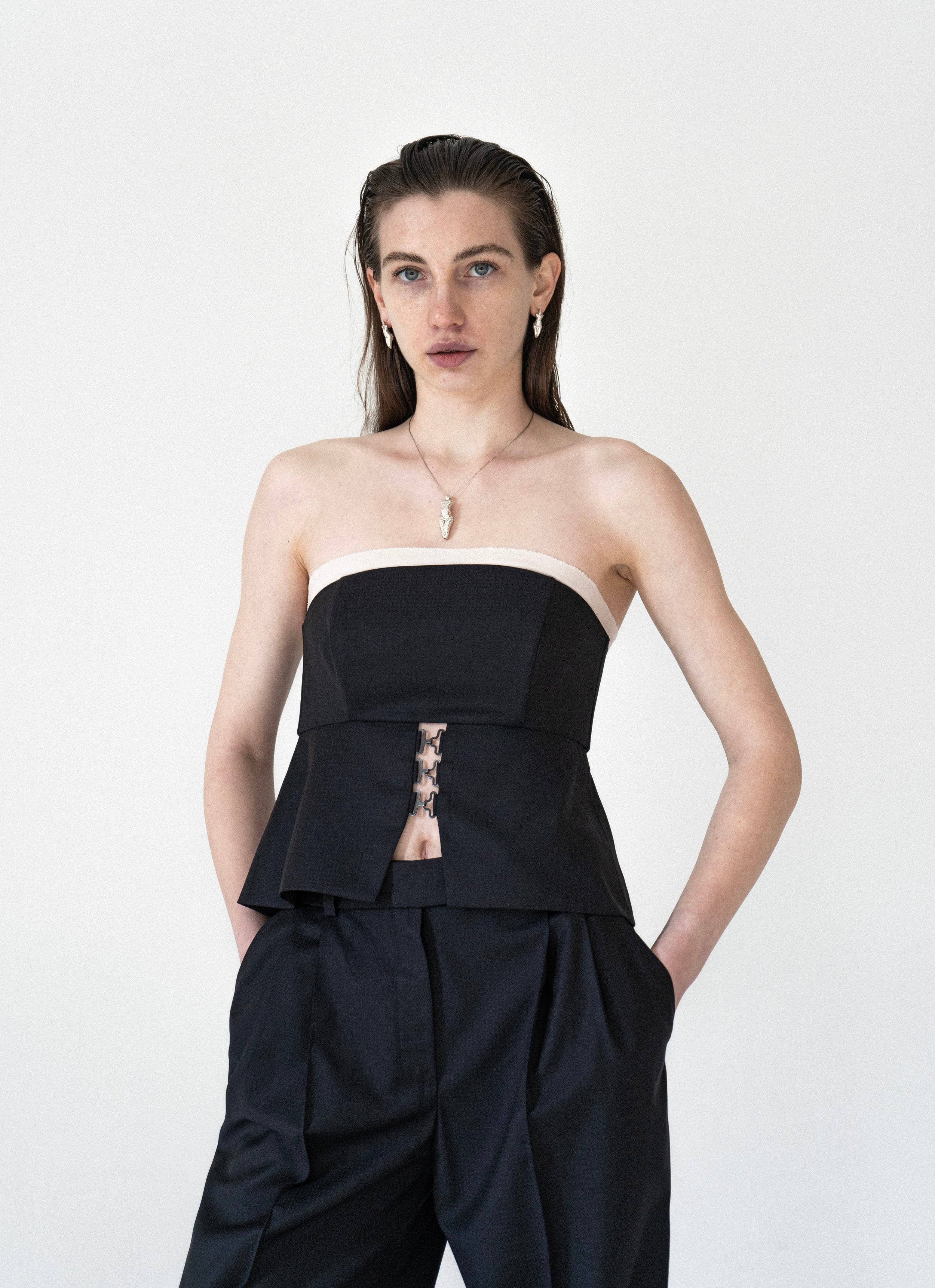 K M by L A N G E Temriava Wool Corset Top - Navy