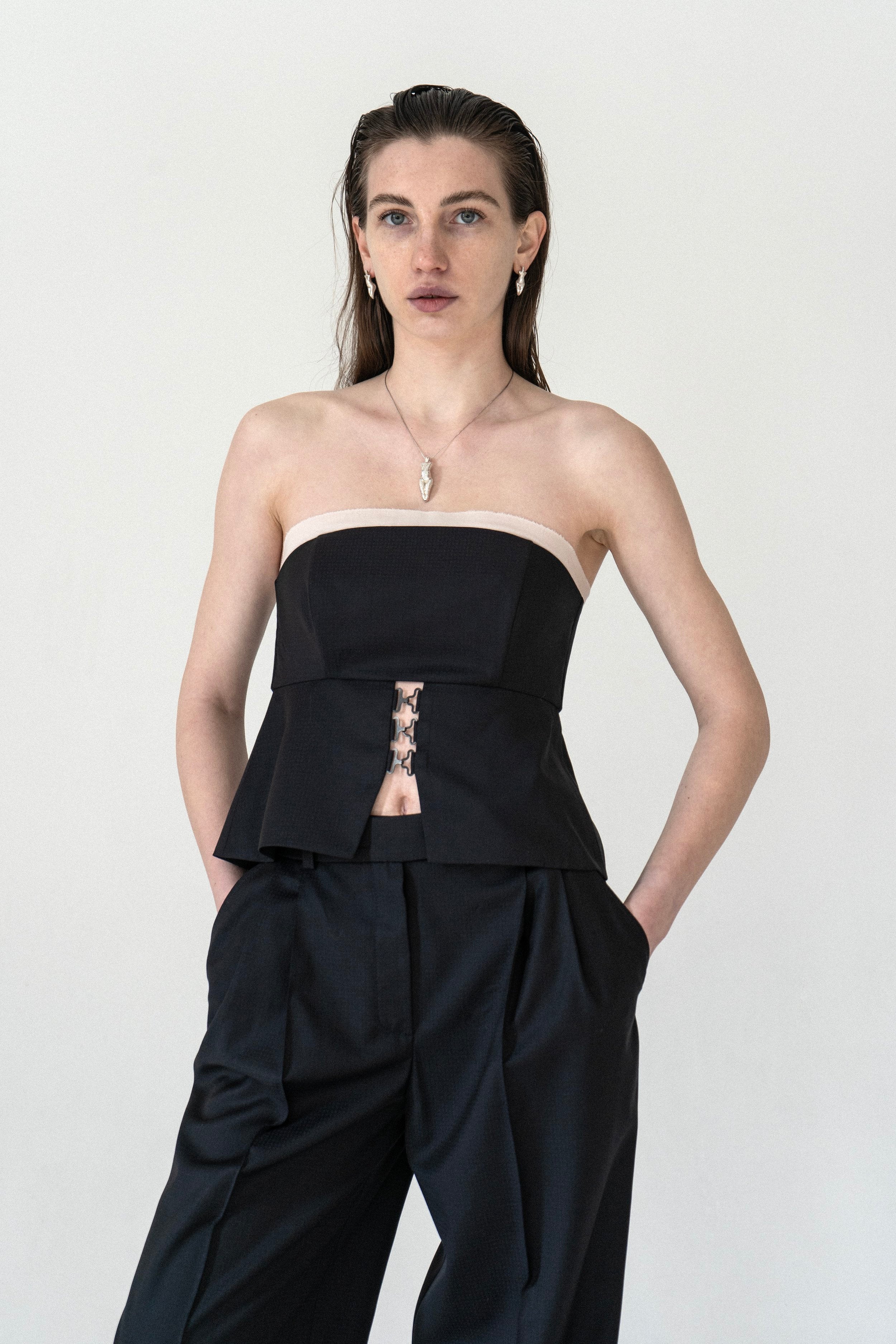 K M by L A N G E Temriava Wool Corset Top - Navy