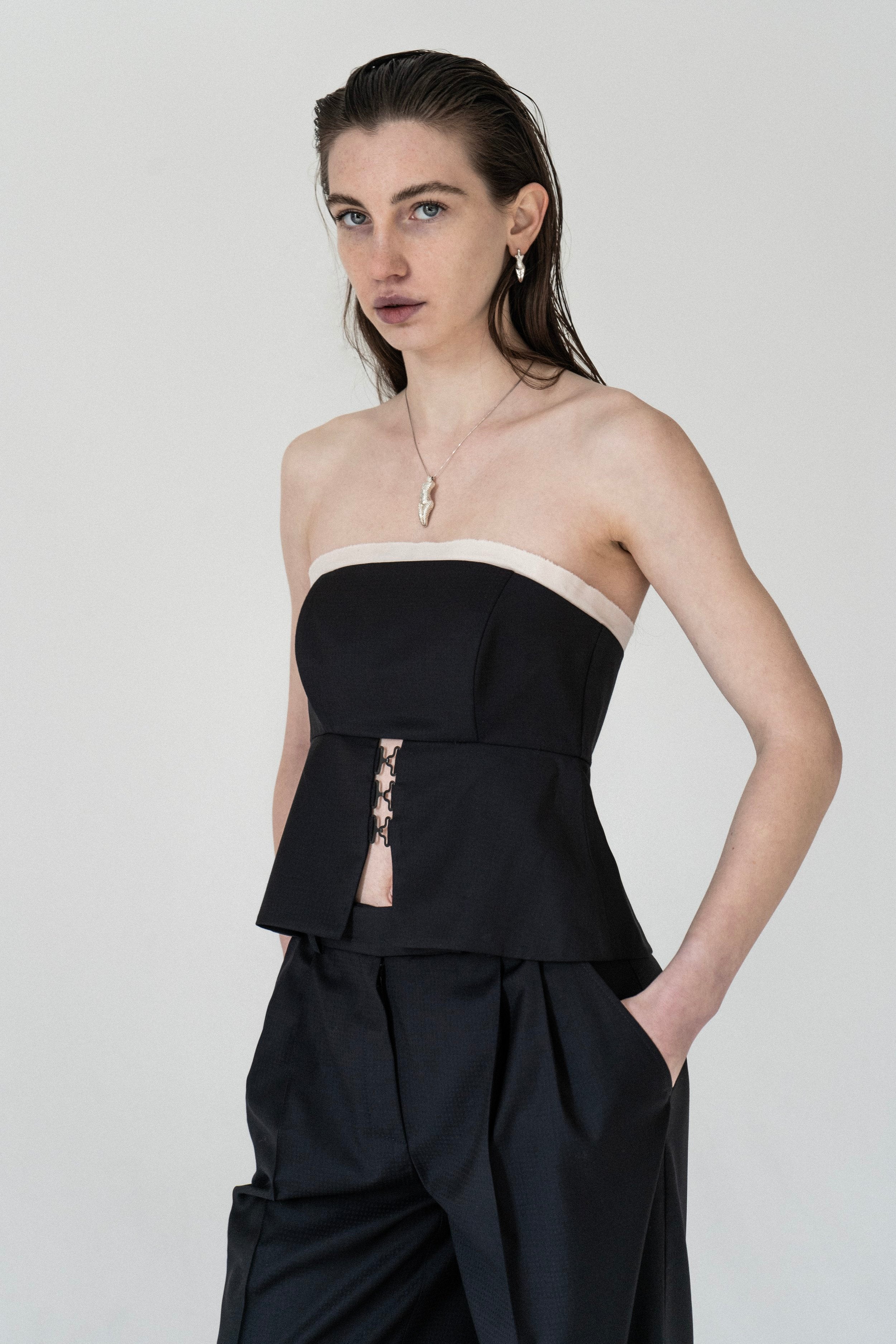 K M by L A N G E Temriava Wool Corset Top - Navy