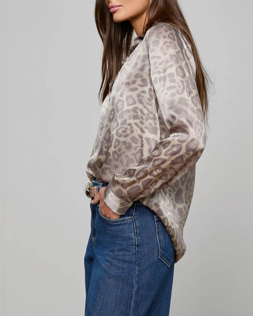 L'agence Tyler L/S Blouse - Grey Multi Patch Leopard