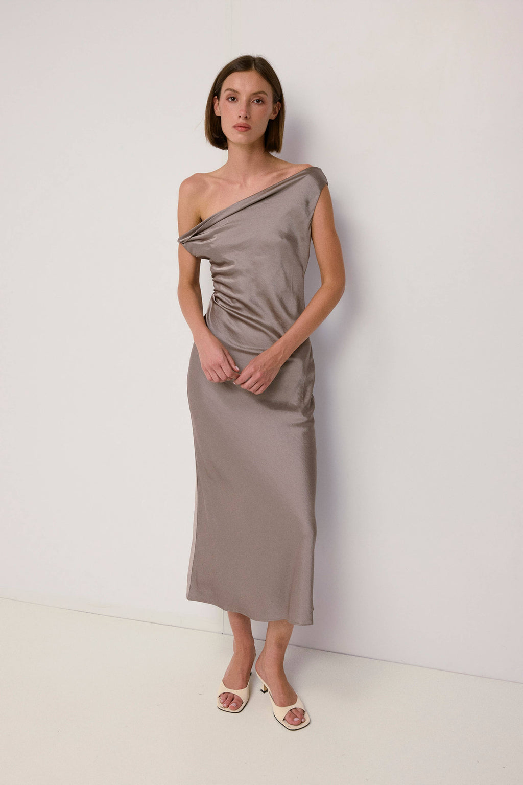 Mod Ref Elowen Cowl Neck Crushed Satin Midi Dress - Taupe