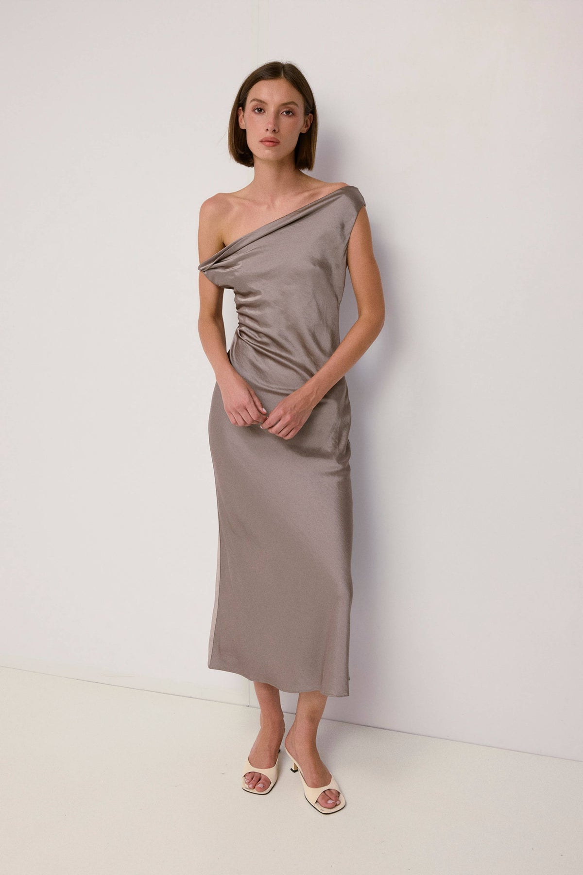 Mod Ref Elowen Cowl Neck Crushed Satin Midi Dress - Taupe