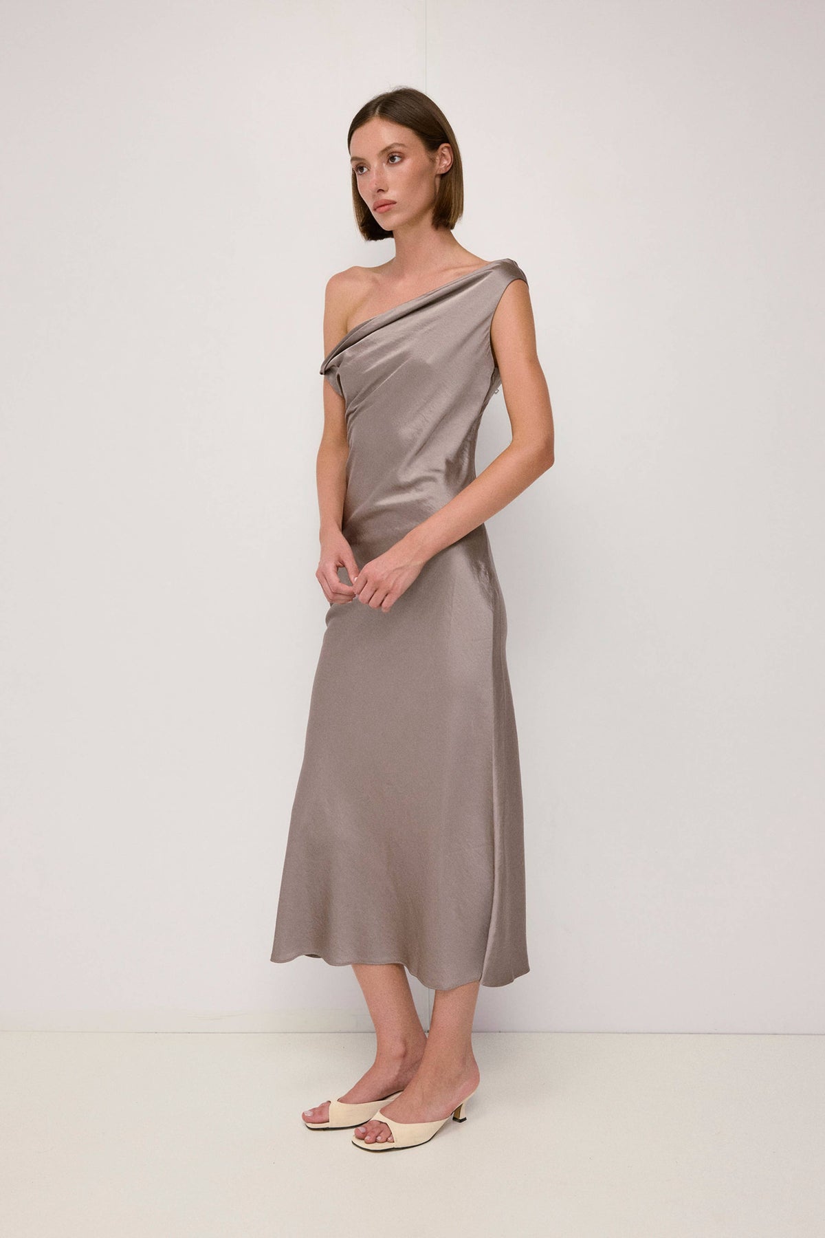 Mod Ref Elowen Cowl Neck Crushed Satin Midi Dress - Taupe