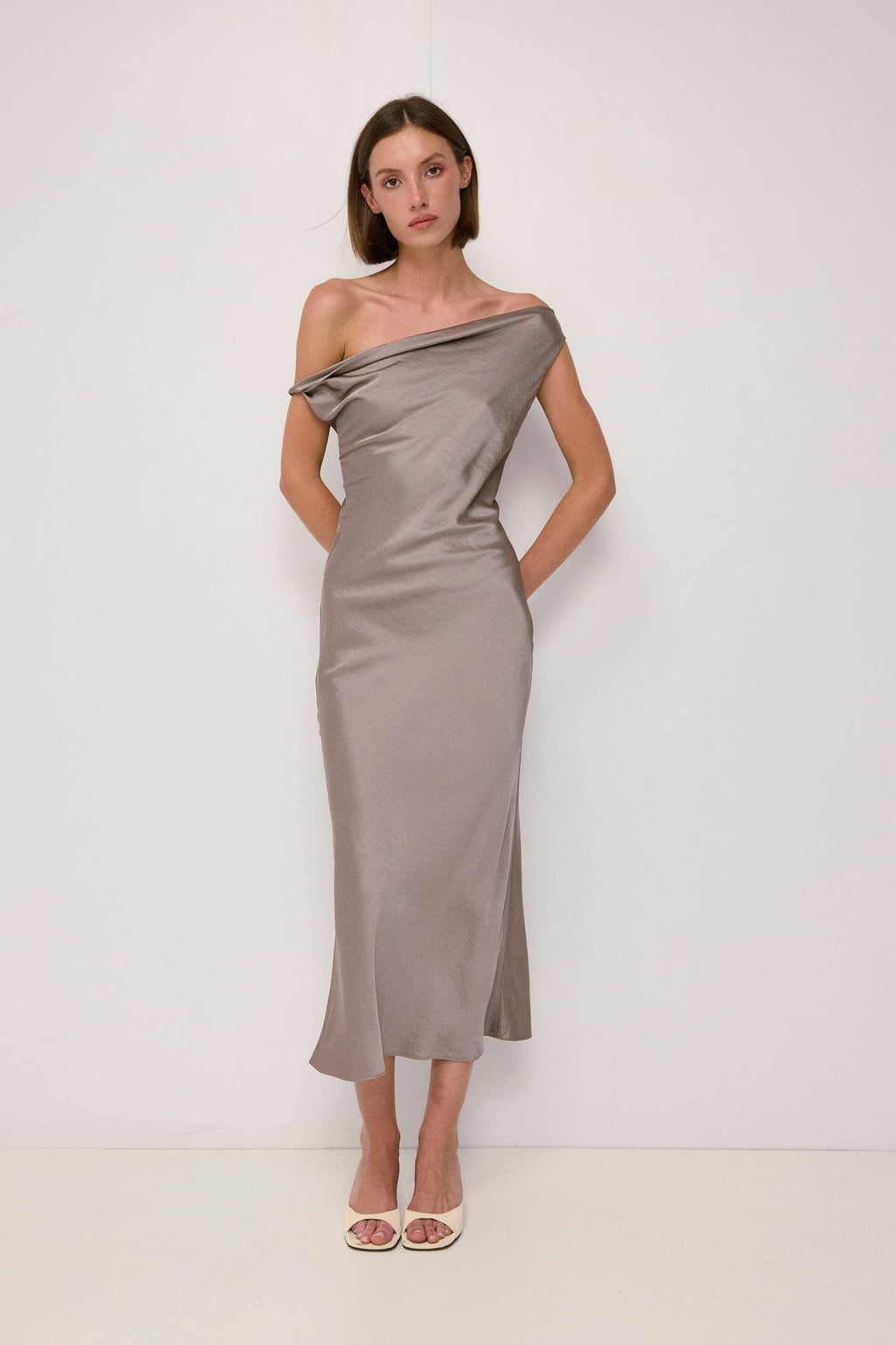 Mod Ref Elowen Cowl Neck Crushed Satin Midi Dress - Taupe