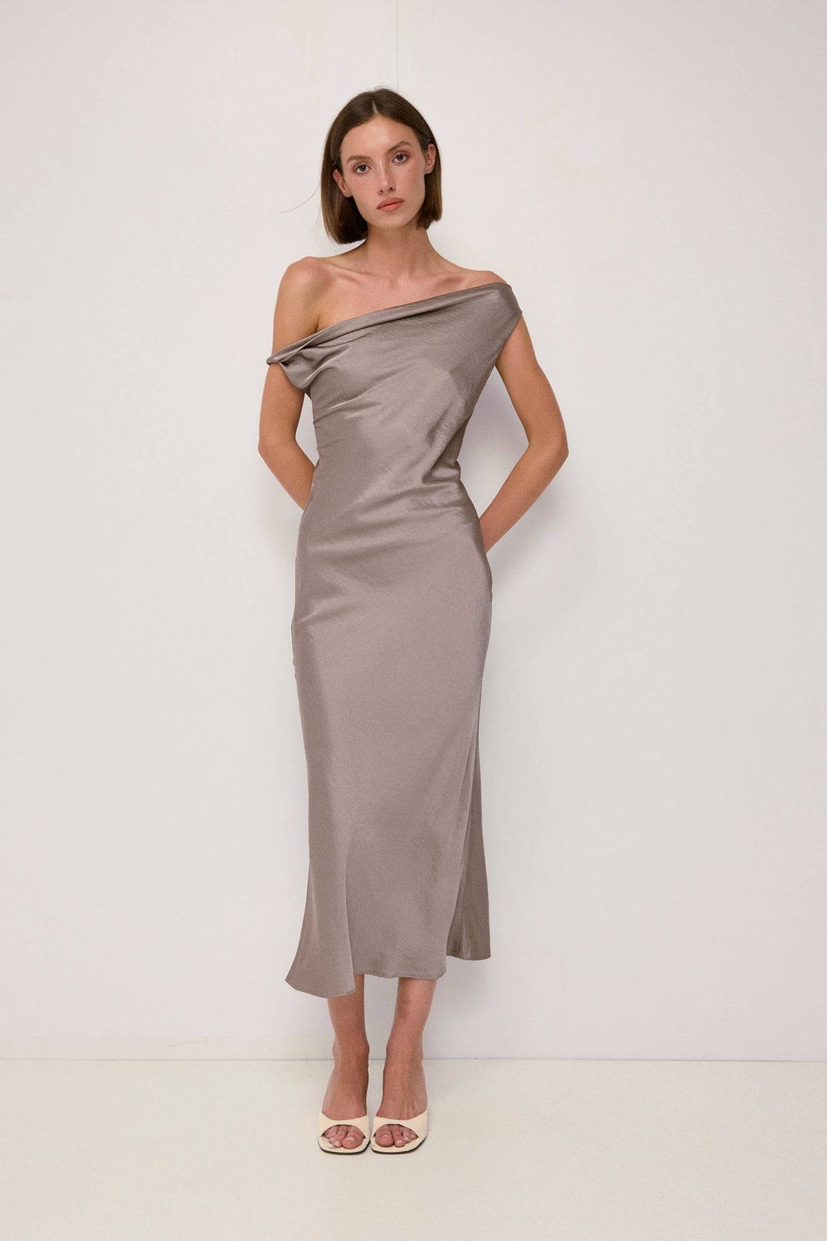 Mod Ref Elowen Cowl Neck Crushed Satin Midi Dress - Taupe