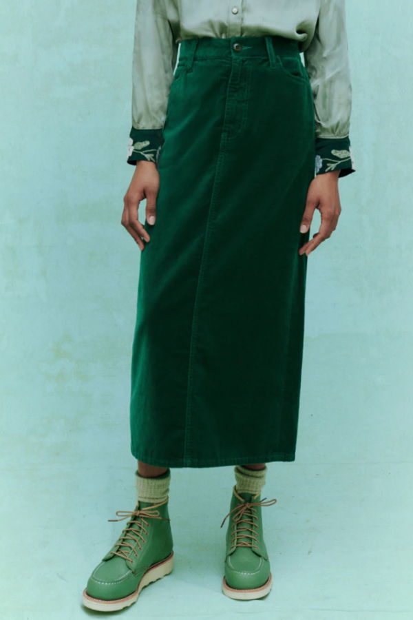 The Great. The Velvet Column Skirt - Emerald Green