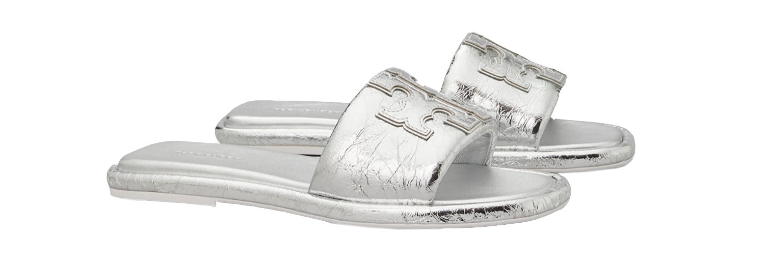 Tory Burch Double T Sport Slide Flat Sandals - Silver