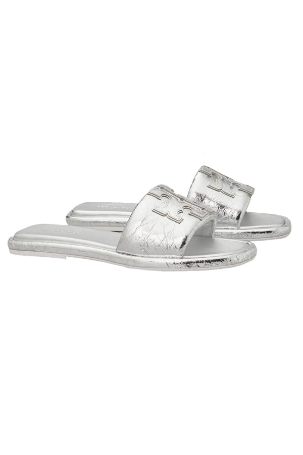 Tory Burch Double T Sport Slide Flat Sandals - Silver