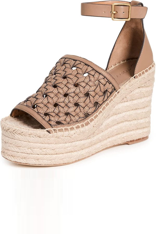 Tory Burch Basketweave Espadrille Wedges - Almond Flour