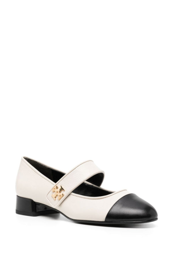 Tory Burch Cap-Toe Mary Jane Heel Ballet 25mm Flat - Light Cream/Perfect Black