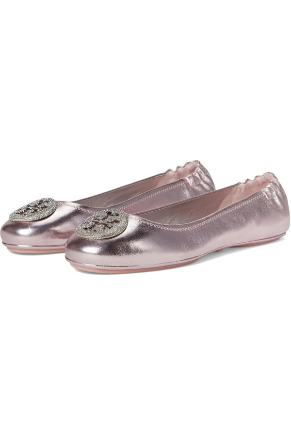 Tory Burch Minnie Crinkle Leather Ballet Flats w/Pave Logo - Sparkle Pink