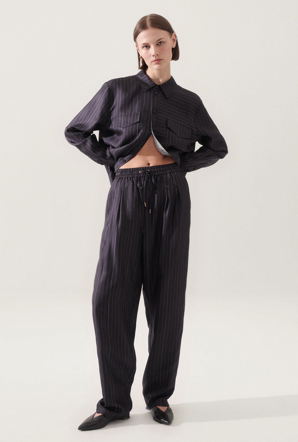 Silk Laundry Twill Slouch Pants - Pinstripe Black/White