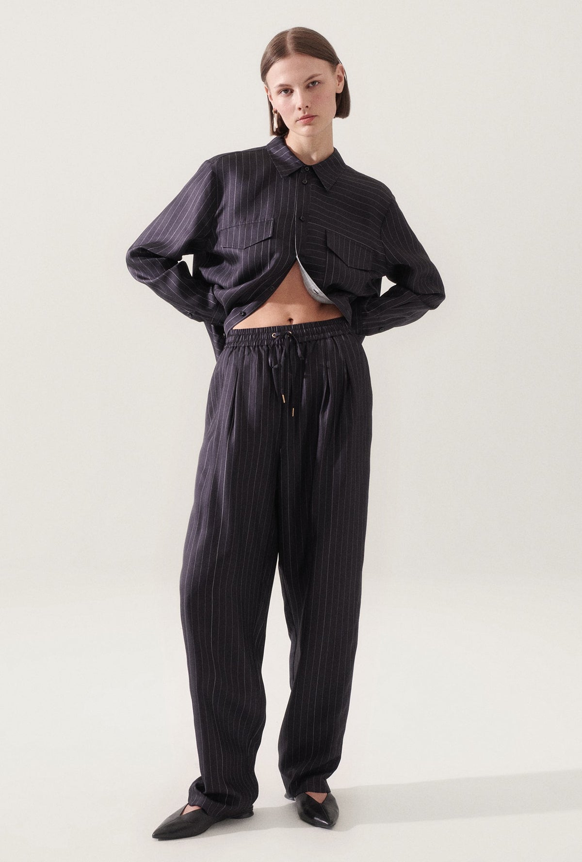 Silk Laundry Twill Slouch Pants - Pinstripe Black/White