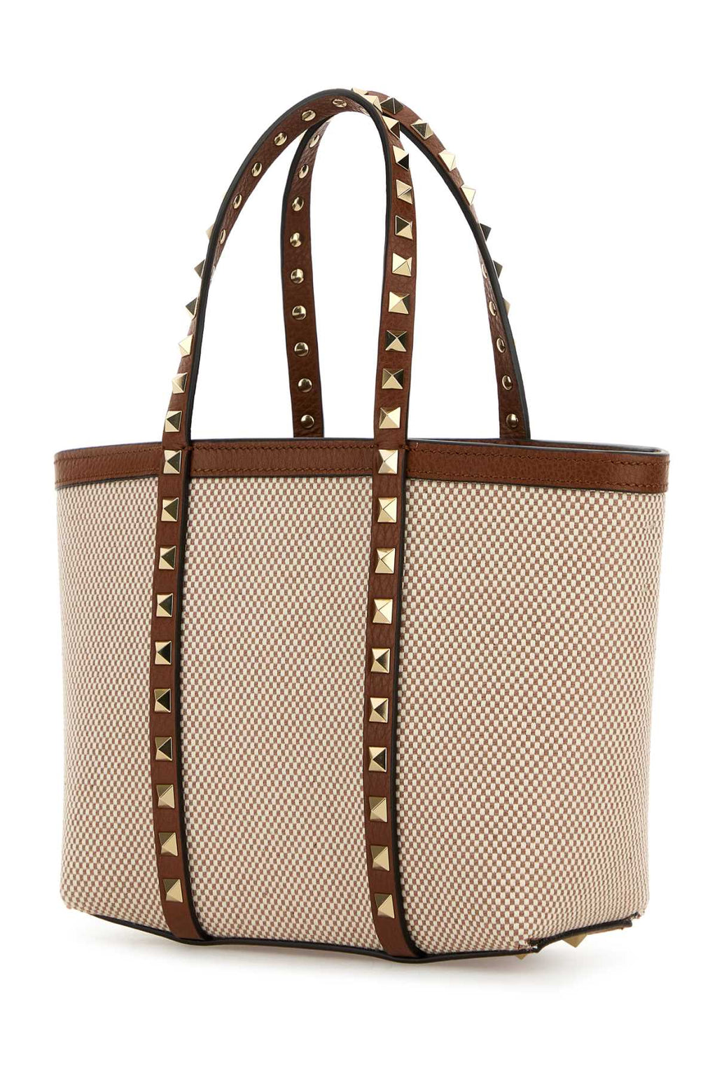 Valentino Garavani Two-tone Canvas Medium Rockstud Handbag - Naturale/Tobacco/Selleria