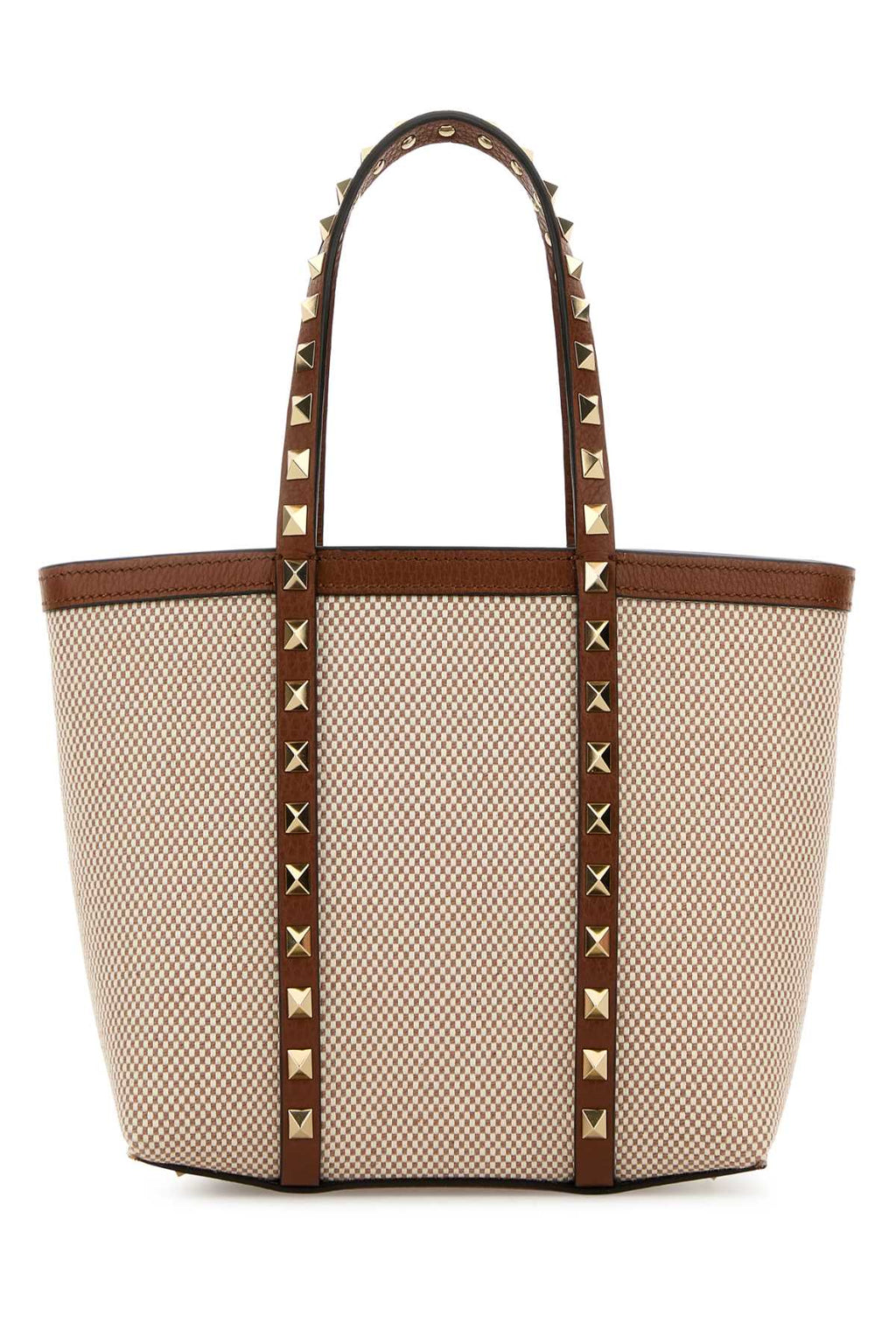 Valentino Garavani Two-tone Canvas Medium Rockstud Handbag - Naturale/Tobacco/Selleria