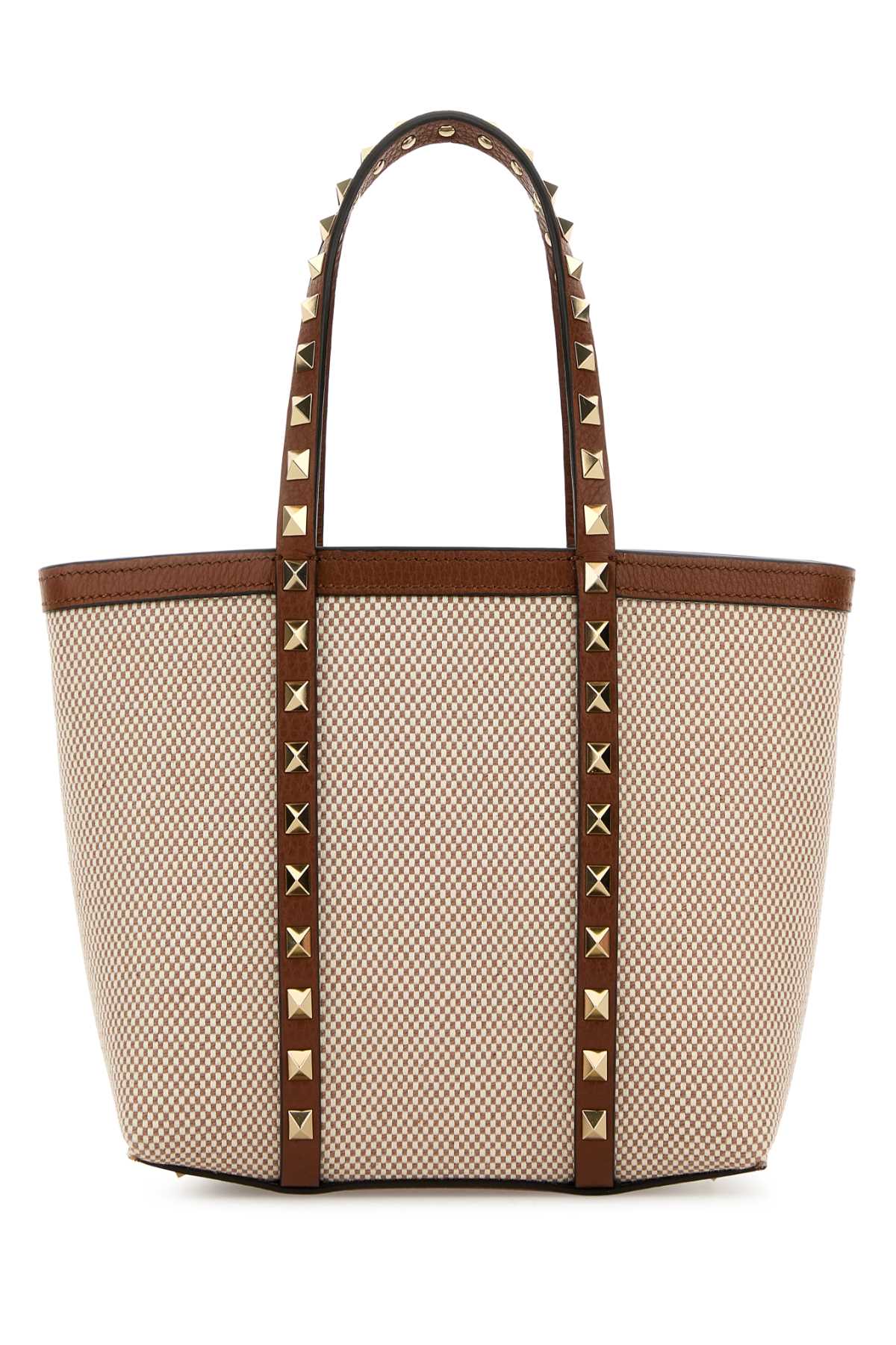 Valentino Garavani Two-tone Canvas Medium Rockstud Handbag - Naturale/Tobacco/Selleria