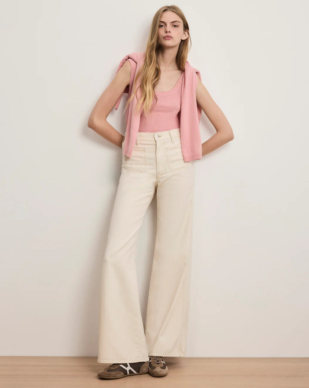 Veronica Beard Kasey Patch-Pocket Wide-Leg Jeans - Ecru