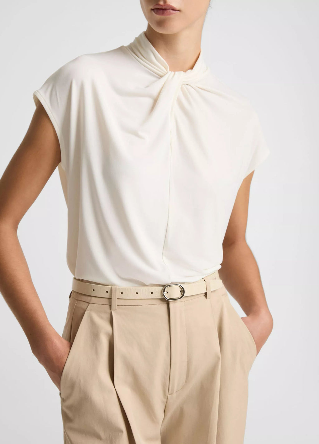 VINCE Twist-Neck Matte Jersey Cap-Sleeve Top