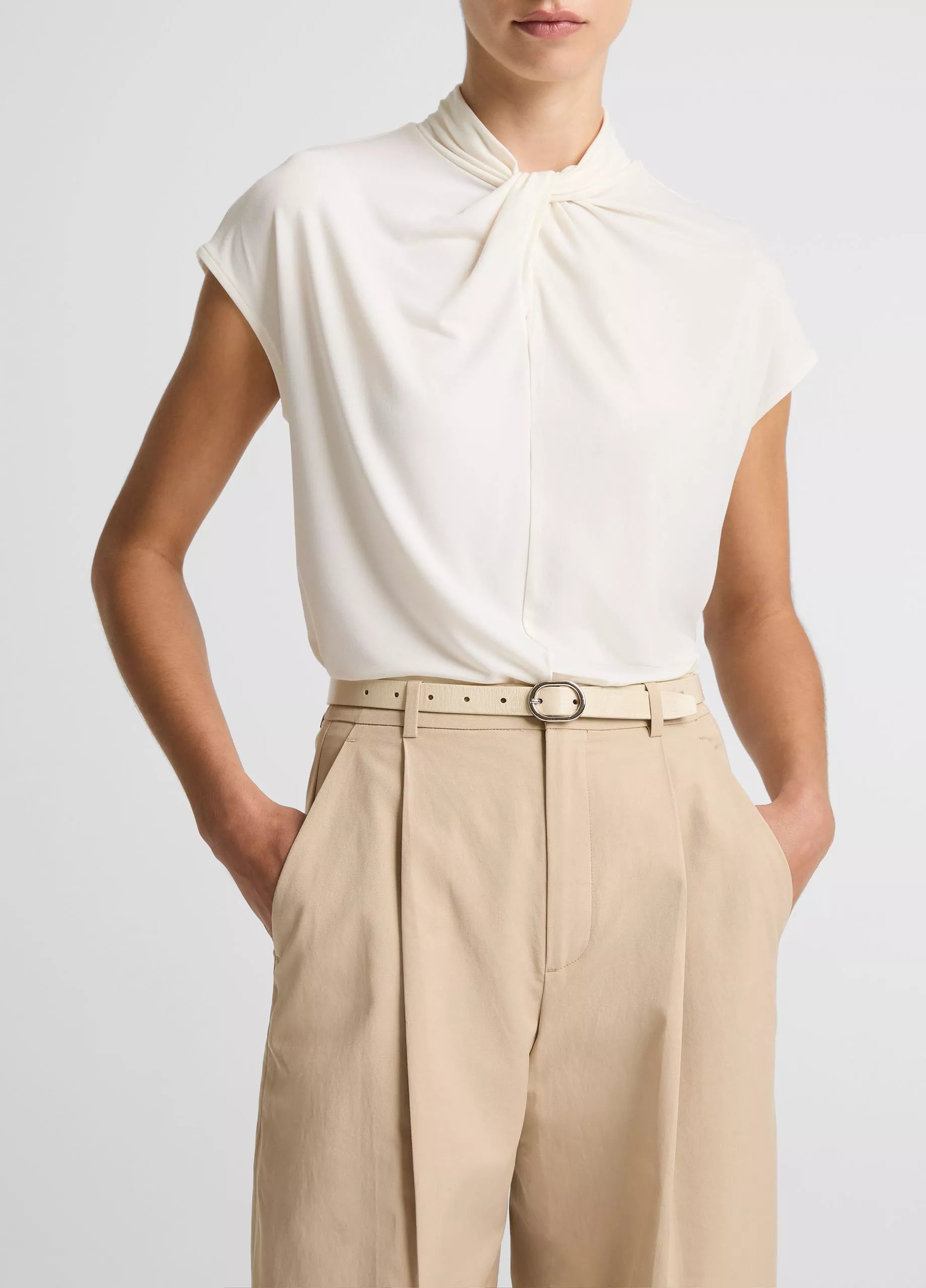VINCE Twist-Neck Matte Jersey Cap-Sleeve Top