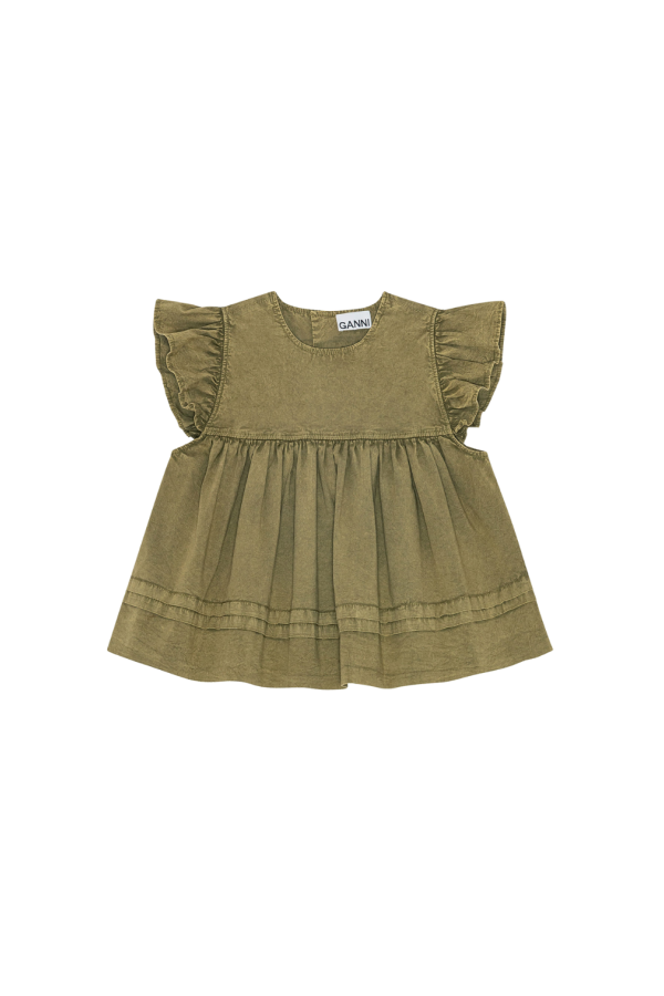 Ganni Washed Stretch Cotton Frill Sleeve Top - Boa