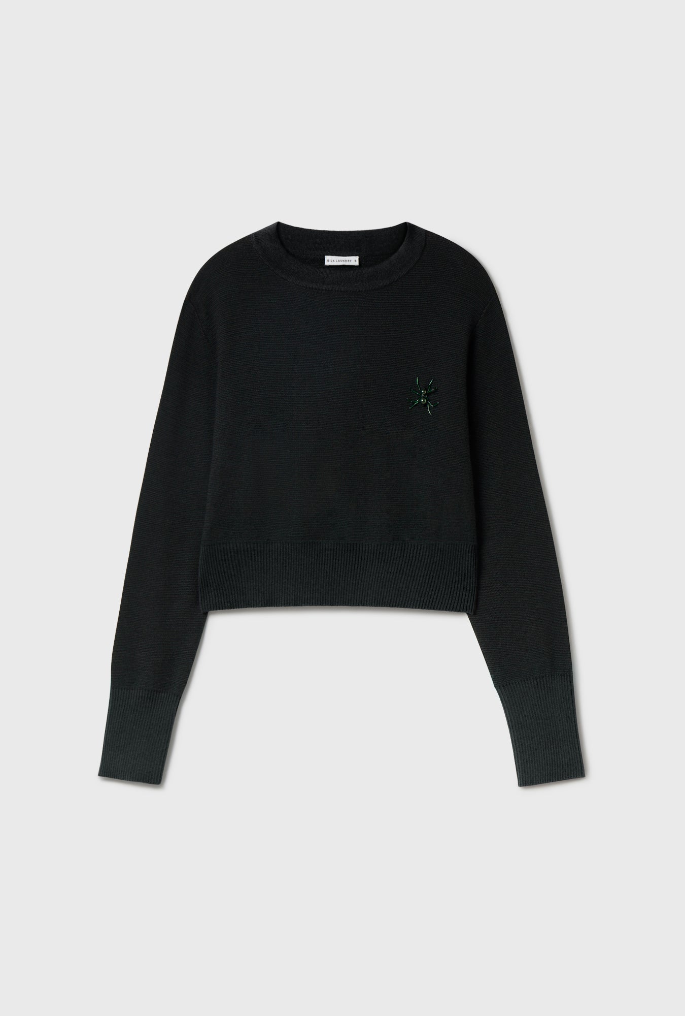 Silk Laundry Wool Cropped Crewneck Sweater - Black