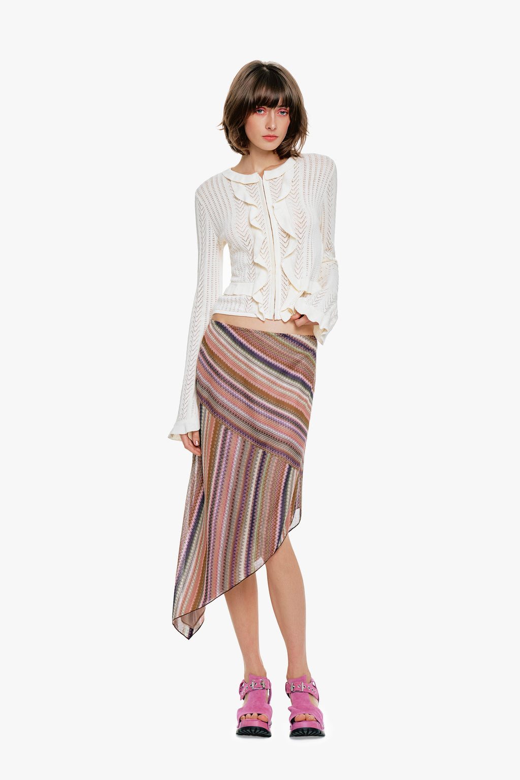 Anna Sui Wavy Chevron Knit Asymmetrical Stripe Skirt