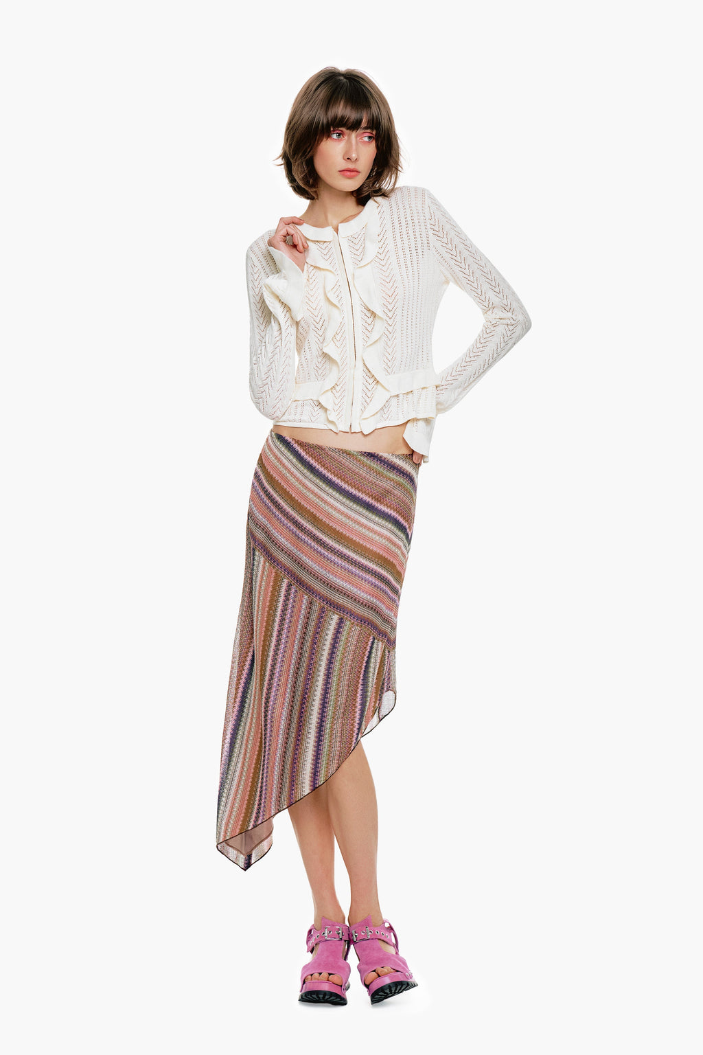 Anna Sui Wavy Chevron Knit Asymmetrical Stripe Skirt