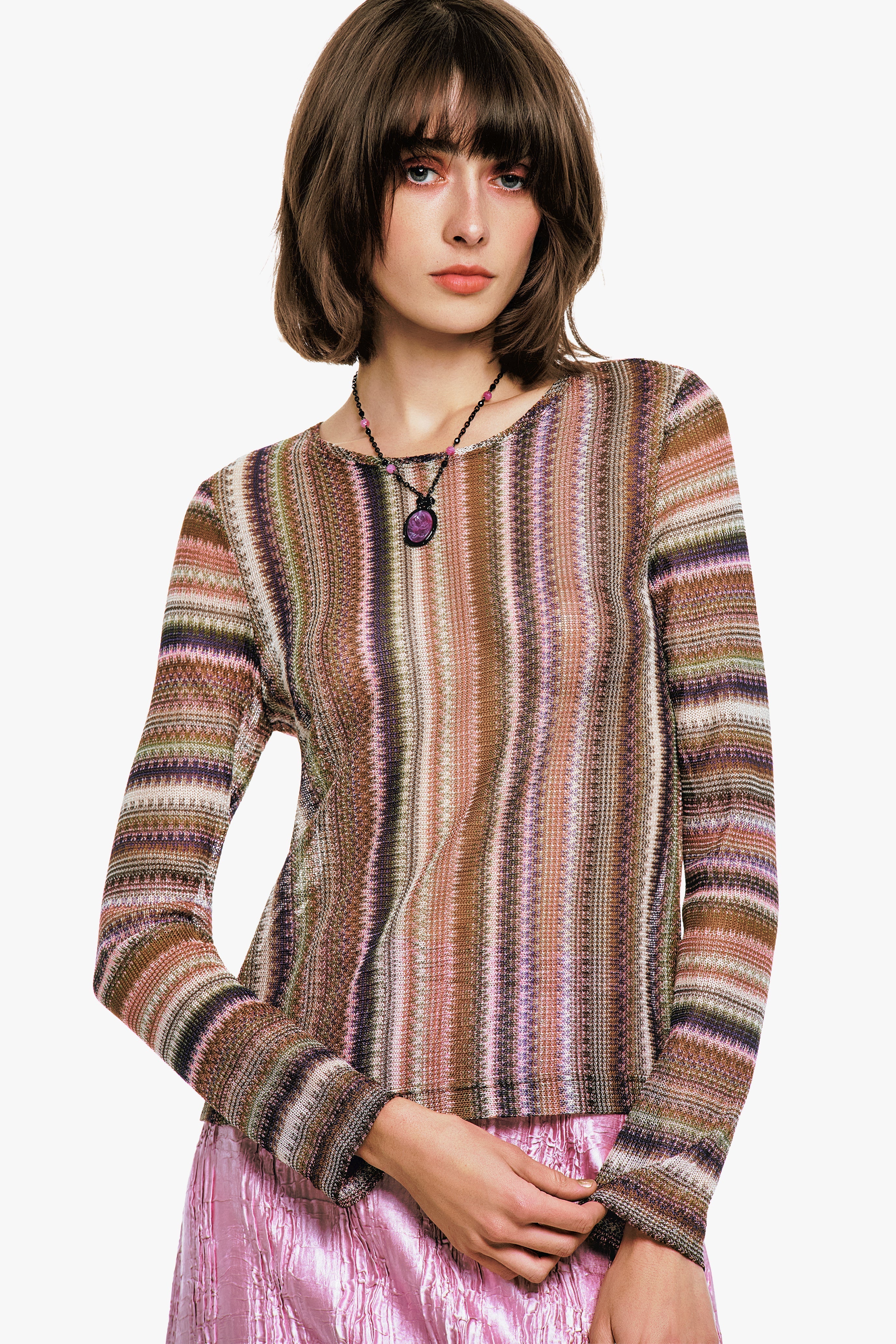 Anna Sui Wavy Chevron Knit Long Sleeve Stripe Top