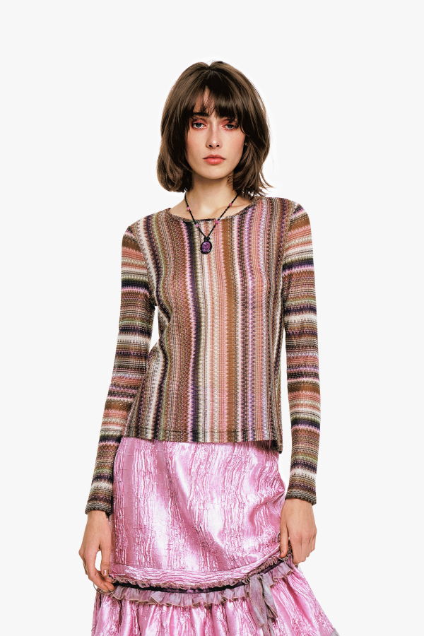 Anna Sui Wavy Chevron Knit Long Sleeve Stripe Top