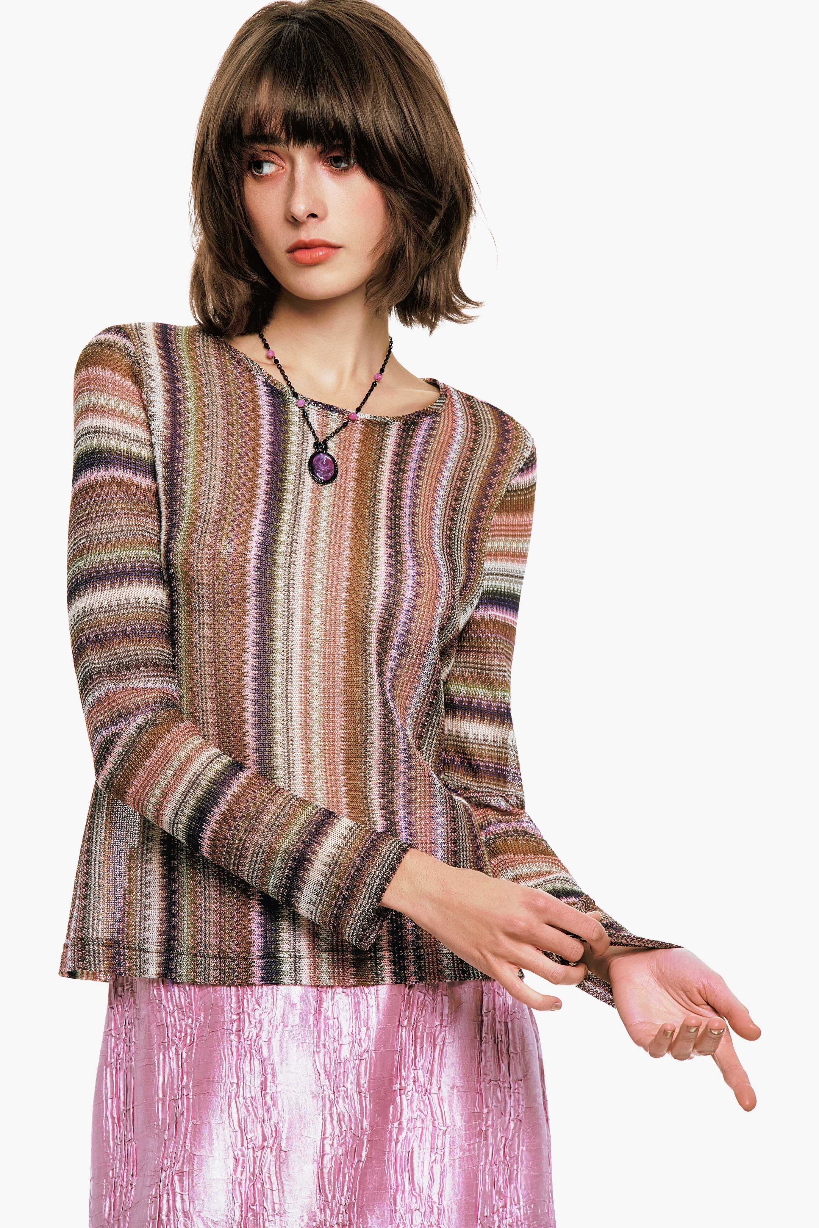 Anna Sui Wavy Chevron Knit Long Sleeve Stripe Top